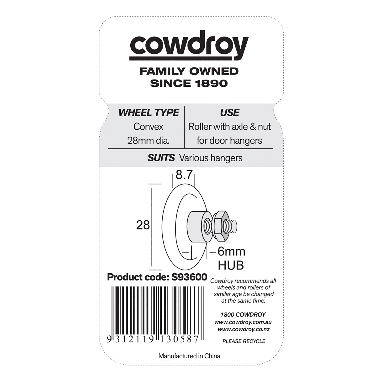 Cowdroy 8mm Sliding Door Track Axle Wheel - 2 Pack - Bunnings Australia