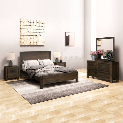 4 Pieces Bedroom Suite in Solid Wood Veneered Acacia Construction Timber Slat King Size Chocolate Colour Bed, Bedside Table & Tallboy
