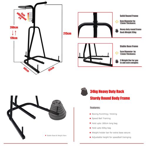 2 Way Boxing Bag Stand Black Rack - 20kg Fully Staffed Punching Bag ...