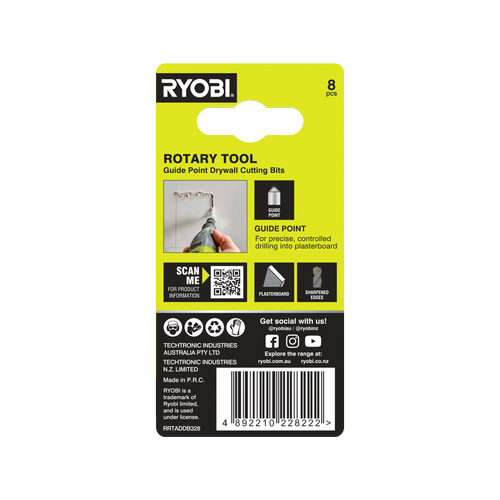 Ryobi 3.2mm 8 Piece Rotary Tool Guide Point Plasterboard Drill Bit Set ...