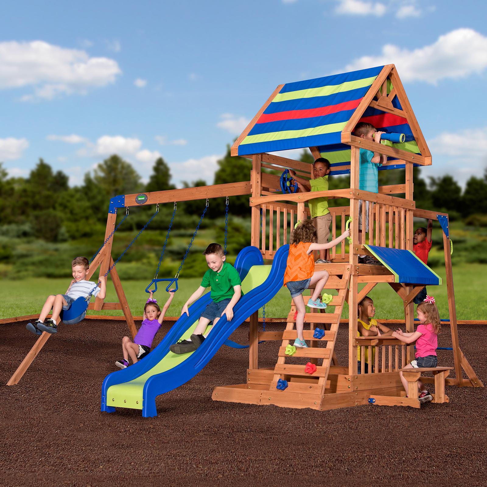 Parque Infantil Atlantic De Madera De Cedro | XXL Con Tobogán De 244 Cm, 2 Columpios, Balancín Y Muro De Escalada | Incluye Arenero Y Casa Club Elevada | Para 9 Niños De 3 A 10 Años | Certificado EN71