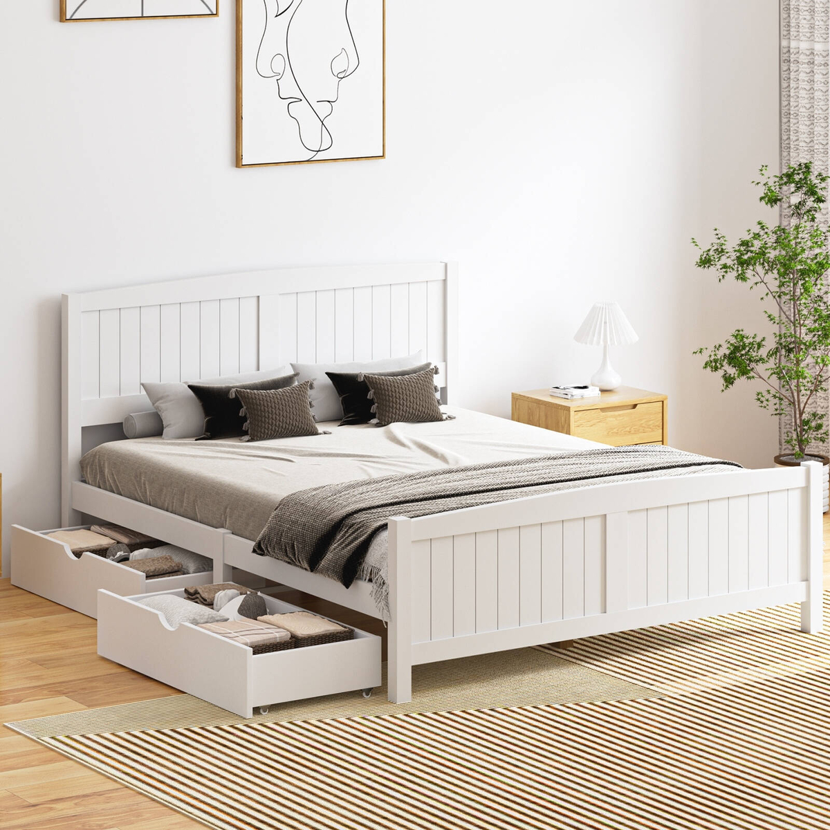 Oikiture Wooden Bed Frame Queen Size with Trundle Drawers White ...