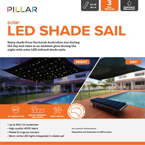 Pillar 3 x 4m Monument Solar LED Shade Sail - Bunnings Australia