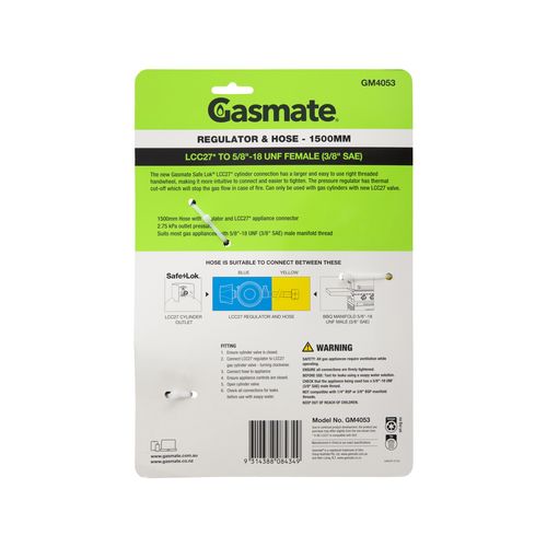 Gasmate Regulator & Hose - 1500mm - LCC27 to 5/8" UNF (3/8" SAE ...
