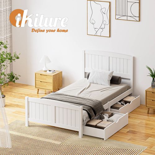 Oikiture Wooden Bed Frame King Single Size with Trundle Drawers White ...