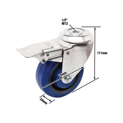 Easyroll 75mm Blue Elastic Rubber Swivel Brake Bolt Hole Caster