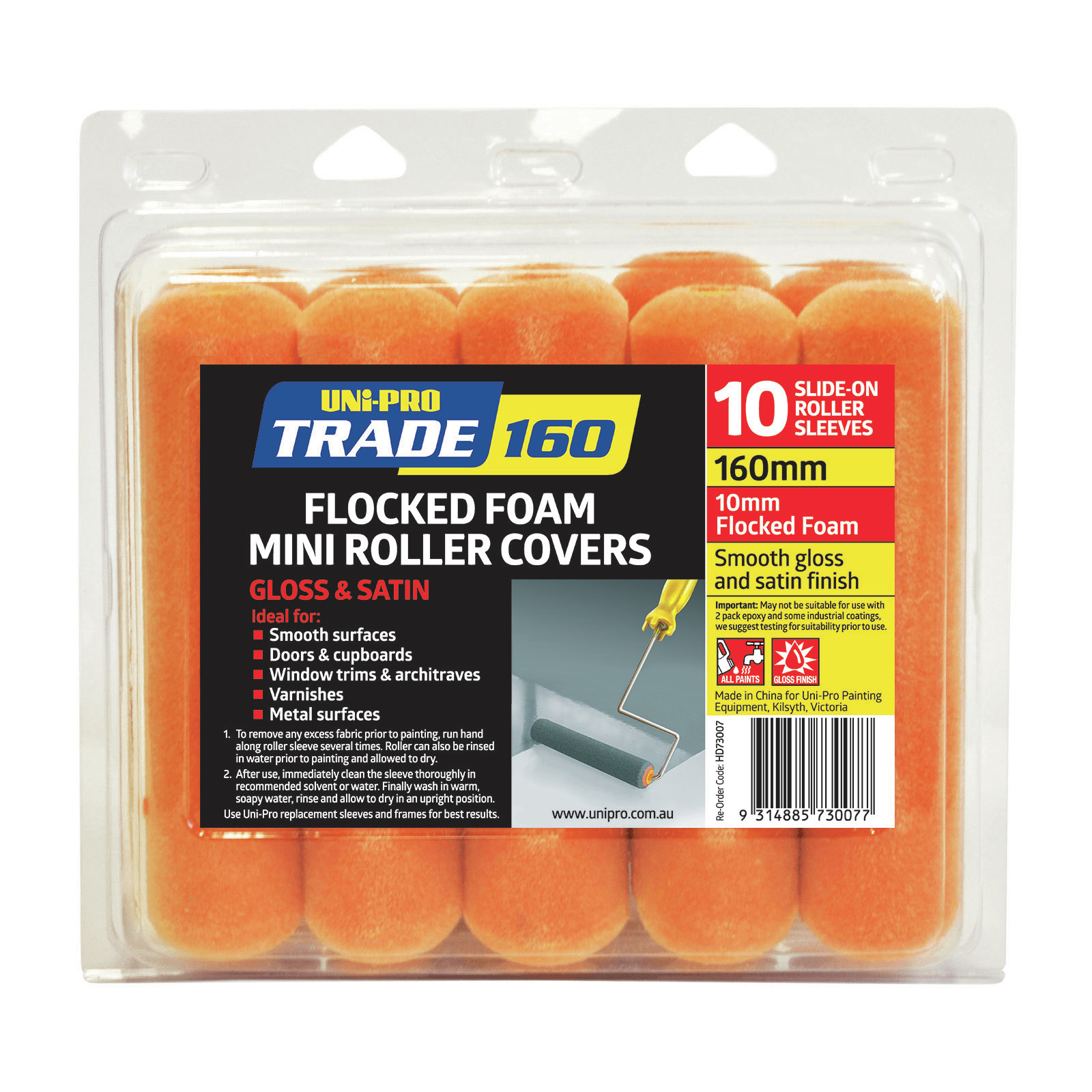 UNiPRO Trade 160mm Flocked Foam Roller Cover 10 Pack 10mm Nap