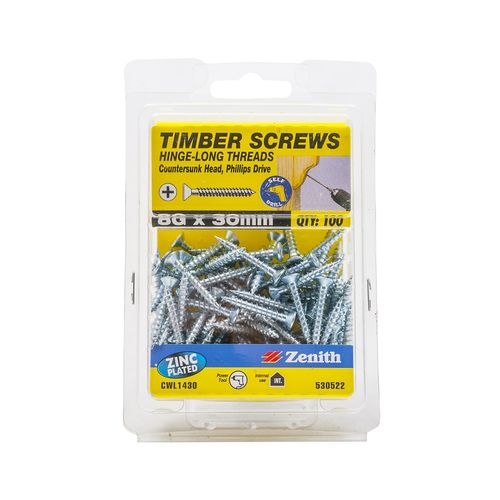 Zenith 8g x 30mm Zinc Plated HingeLong Thread Timber Screws 100 Pack