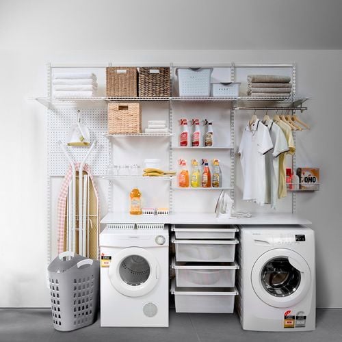 White wire store storage shelves