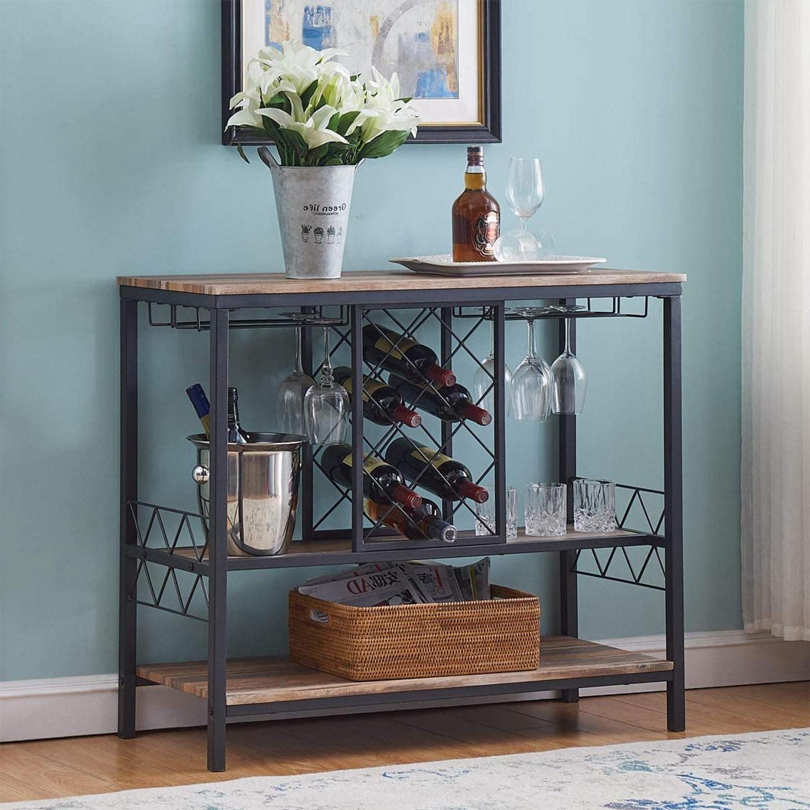 View of IHOMDEC Industrial Style Wine Rack Table with Glass Holder Brown ...