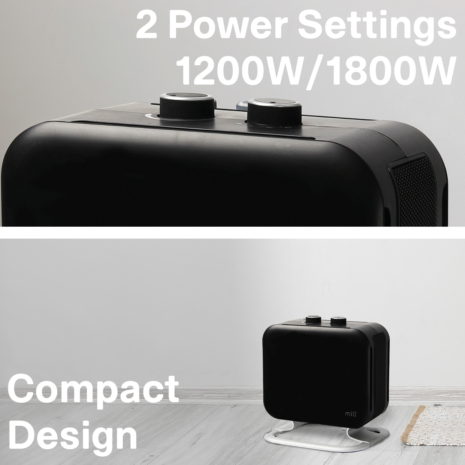 Mill 1800W Black PTC Compact Fan Heater - Bunnings Australia