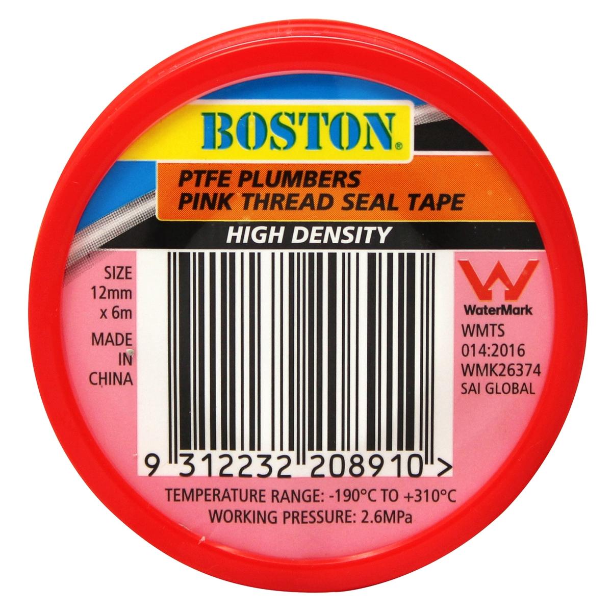 BOSTON 12mm x 6m Pink High Density Plumbers Thread Seal Tape - Bunnings ...