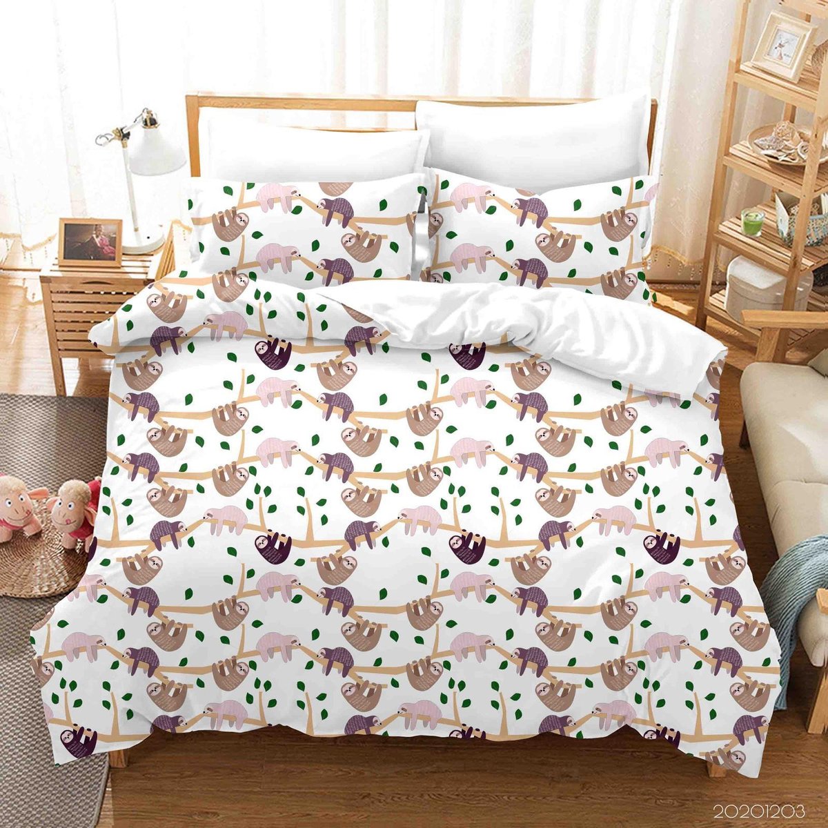 3d-cartoon-hand-drawn-cute-sloth-plant-illustration-animal-quilt-cover