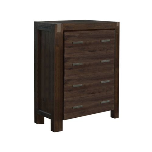 5 Pieces Bedroom Suite in Solid Wood Veneered Acacia Construction Timber Slat Queen Size Chocolate Colour Bed, Bedside Table , Tallboy & Dresser